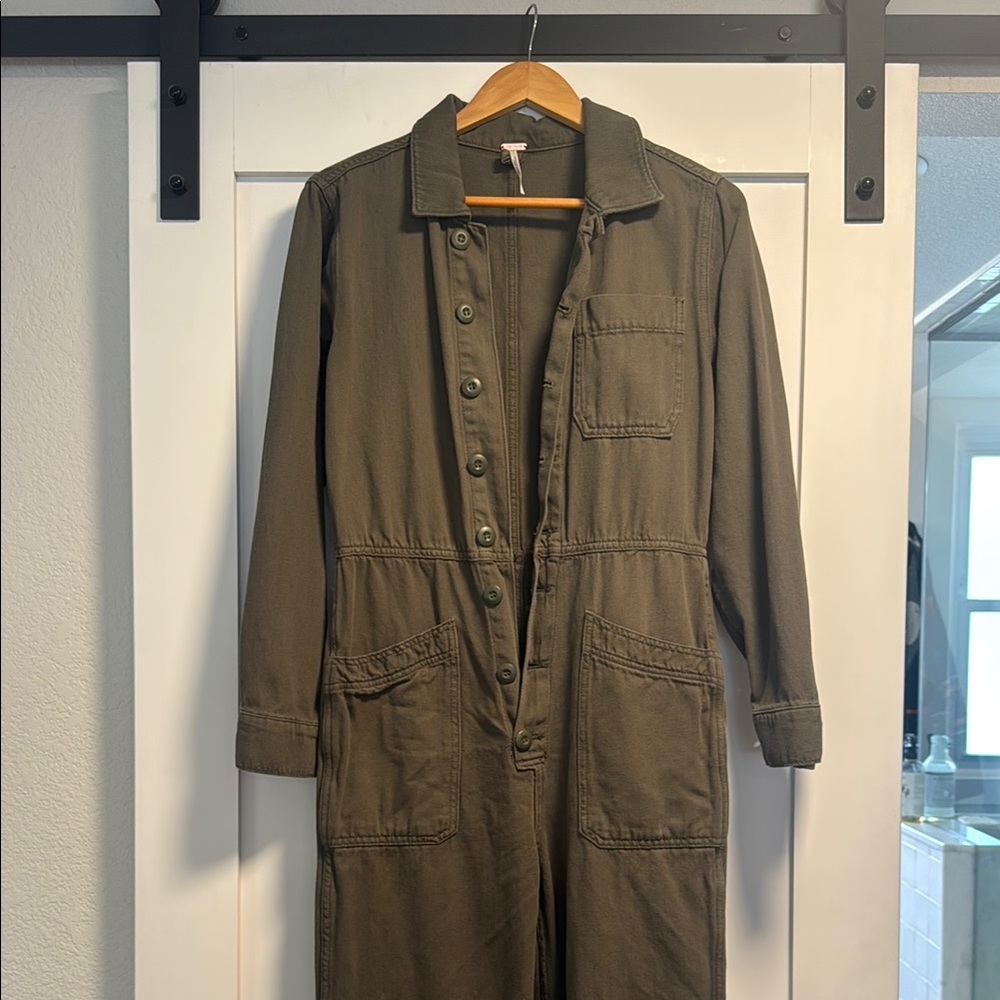 Free People - Olive Green Button-Up Jumpsuit
